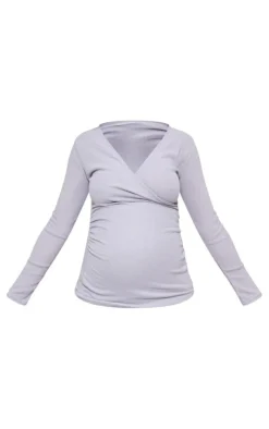 Maternity Grey Brushed Rib Ruched Top