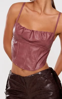 Mauve Faux Leather Ruched Bust Boned Dip Hem Corset