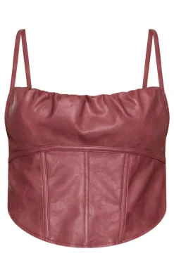 Mauve Faux Leather Ruched Bust Boned Dip Hem Corset