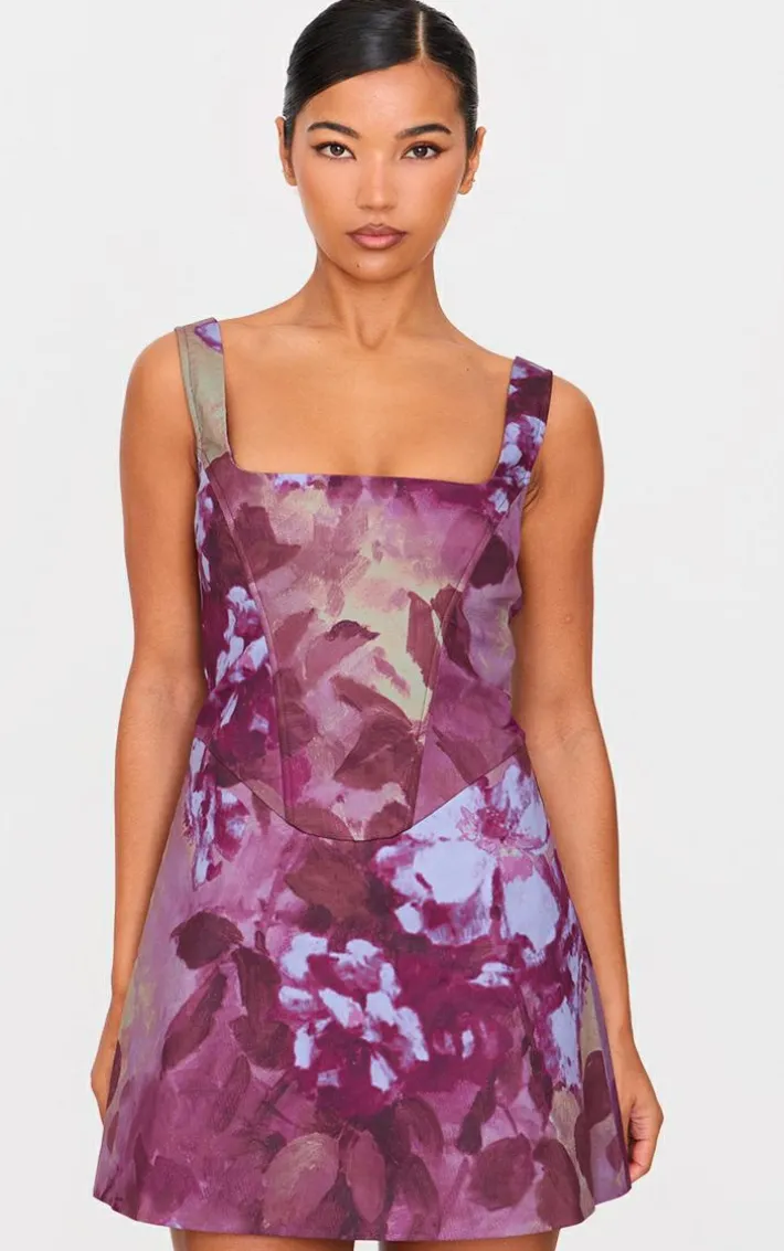 Mauve Floral Corset A Line Shift Dress