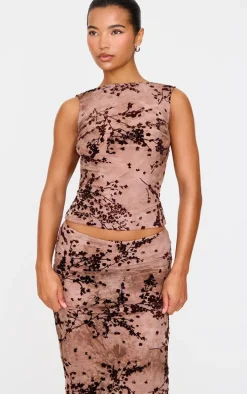 Mauve Floral Print Devore Mesh Backless Top