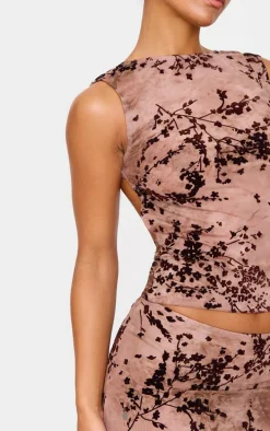 Mauve Floral Print Devore Mesh Backless Top
