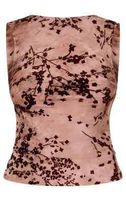 Mauve Floral Print Devore Mesh Backless Top