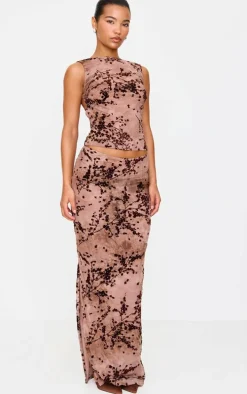 Mauve Floral Print Devore Mesh Ruched Maxi Skirt