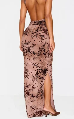 Mauve Floral Print Devore Mesh Ruched Maxi Skirt