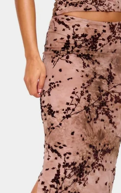 Mauve Floral Print Devore Mesh Ruched Maxi Skirt