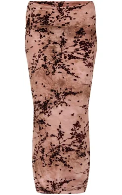 Mauve Floral Print Devore Mesh Ruched Maxi Skirt