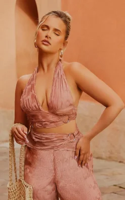 Mauve Plisse Ring Detail Wrap Around Crop Top