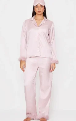 Mauve Satin Feather Trim Long Pj Set