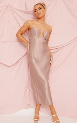 Mauve Satin V Bar Bandeau Midi Dress