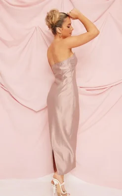 Mauve Satin V Bar Bandeau Midi Dress