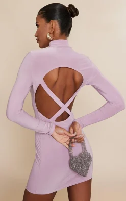 Mauve Slinky Cut Out Cross Back Long Sleeve Bodycon Dress