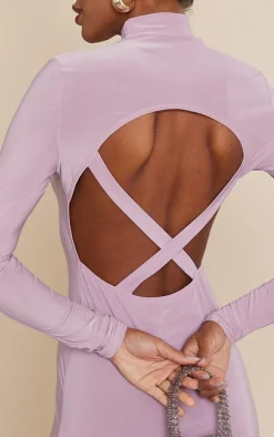 Mauve Slinky Cut Out Cross Back Long Sleeve Bodycon Dress