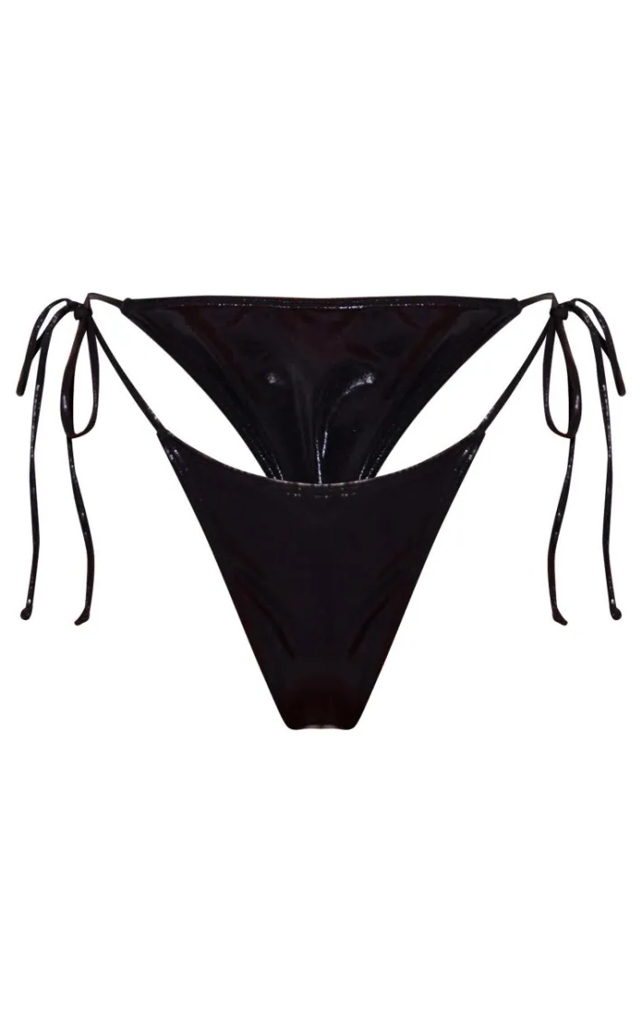Metallic Black Tie Side Bikini Bottoms