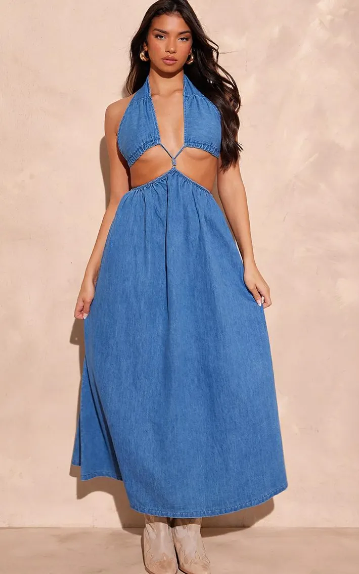 Mid Blue Denim Cut Out Cross Front Maxi Dress