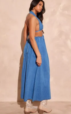 Mid Blue Denim Cut Out Cross Front Maxi Dress