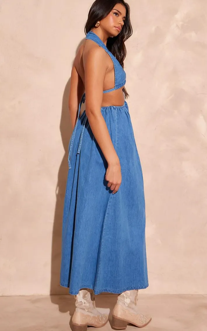 Mid Blue Denim Cut Out Cross Front Maxi Dress