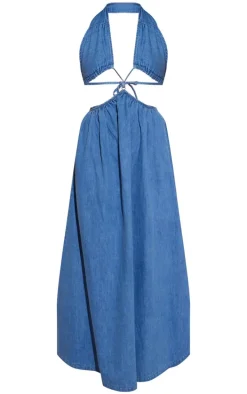 Mid Blue Denim Cut Out Cross Front Maxi Dress