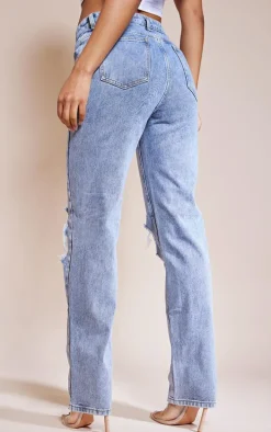Mid Blue Vintage Wash Ripped Straight Leg Jeans