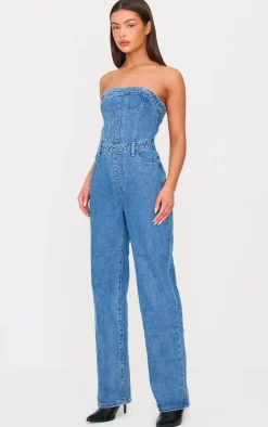 Mid Blue Wash Bandeau Denim Jumpsuit