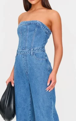 Mid Blue Wash Bandeau Denim Jumpsuit