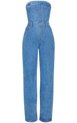 Mid Blue Wash Bandeau Denim Jumpsuit