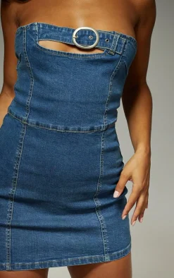 Mid Blue Wash Belted Stretch Denim Micro Mini Dress