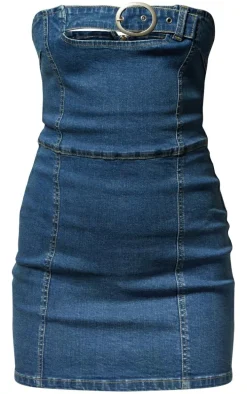 Mid Blue Wash Belted Stretch Denim Micro Mini Dress