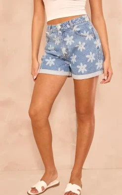 Mid Blue Wash Blurred Floral Print Denim Shorts