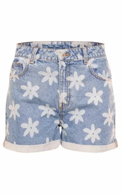 Mid Blue Wash Blurred Floral Print Denim Shorts