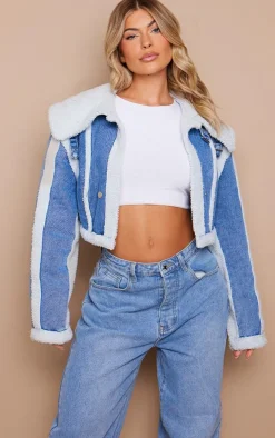 Mid Blue Wash Borg Detail Crop Denim Jacket