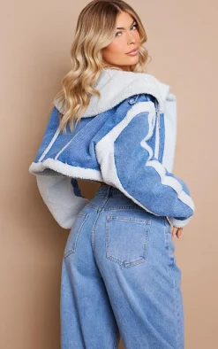 Mid Blue Wash Borg Detail Crop Denim Jacket