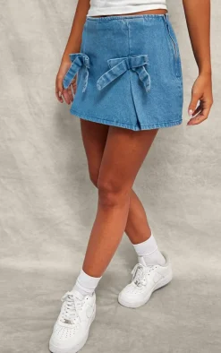 Mid Blue Wash Bow Detail Denim Mini Skirt