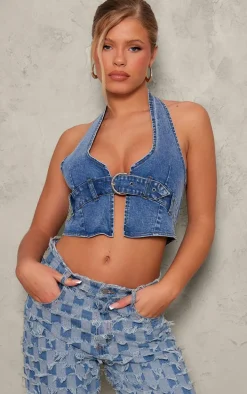 Mid Blue Wash Buckle Plunge Denim Top
