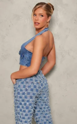 Mid Blue Wash Buckle Plunge Denim Top