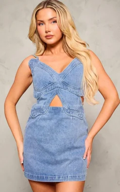 Mid Blue Wash Butterfly Cut Out Waist Mini Dress