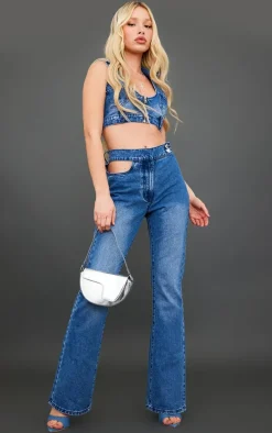 Mid Blue Wash Button Detail Flared Jeans