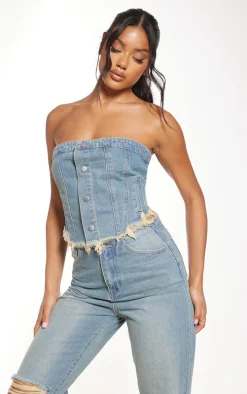 Mid Blue Wash Button Front Raw Edge Denim Top