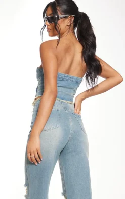 Mid Blue Wash Button Front Raw Edge Denim Top