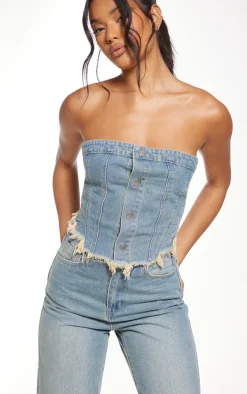 Mid Blue Wash Button Front Raw Edge Denim Top