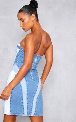 Mid Blue Wash Contrast Panel Denim Mini Dress