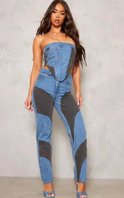 Mid Blue Wash Contrast Panelled Straight Leg Jeans