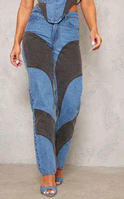 Mid Blue Wash Contrast Panelled Straight Leg Jeans