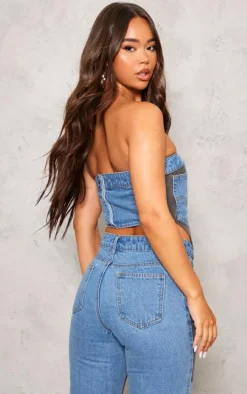 Mid Blue Wash Contrast Panelled Pocket Front Denim Bandeau Top