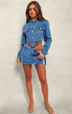 Mid Blue Wash Contrast Panel Button Detail Denim Mini Skirt