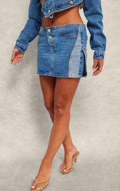 Mid Blue Wash Contrast Panel Button Detail Denim Mini Skirt