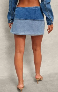 Mid Blue Wash Contrast Panel Button Detail Denim Mini Skirt