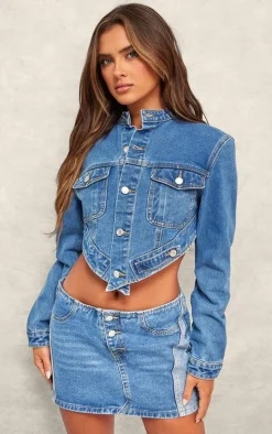 Mid Blue Wash Contrast Panel Button Detail Denim Mini Skirt
