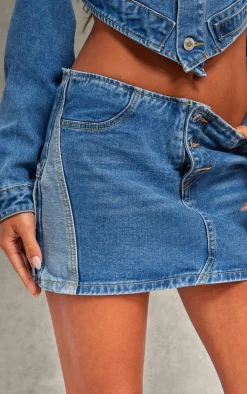 Mid Blue Wash Contrast Panel Button Detail Denim Mini Skirt