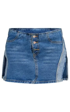 Mid Blue Wash Contrast Panel Button Detail Denim Mini Skirt